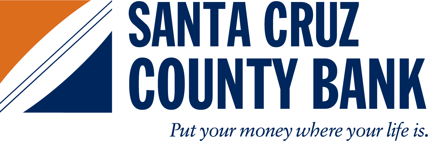 In the left top corner is an image of a square with a white surfboard with two blue lines going down the middle of the board, dark orange fills the upper left of the square and dark blue in the bottom right of the square. To the right reads " Santa Cruz County Bank" the large bold letters and "Put your money where your life is." written below.