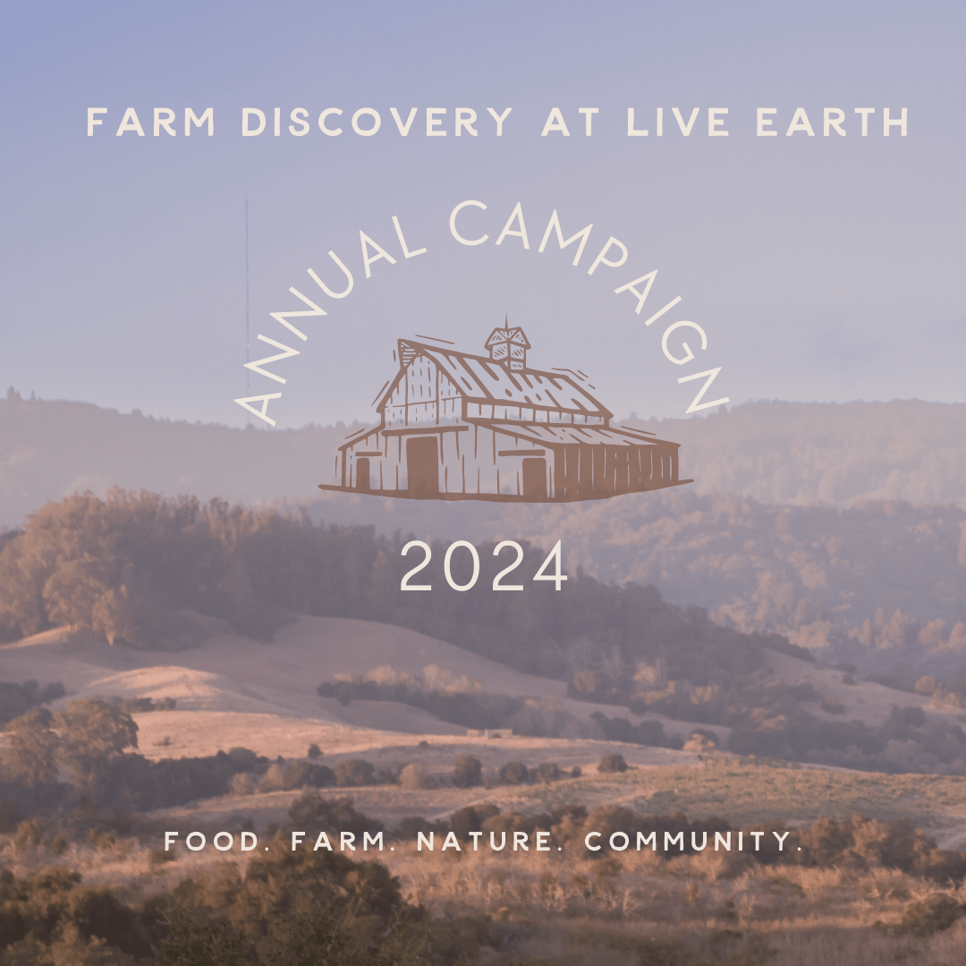 Image of a valley of hills coated in trees with the words "Farm Discovery At Live Earth", "Annual Campaign 2024" then, "Food. Farm. Nature. Community."