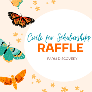Pastel pink background, with large solid white circle. In the circle are the words "Spring Raffle Farm Discovery". To the left of the circle are images of two dimensional butterflies, a moth, a cicada and small orange flowers floating from top to bottom.
